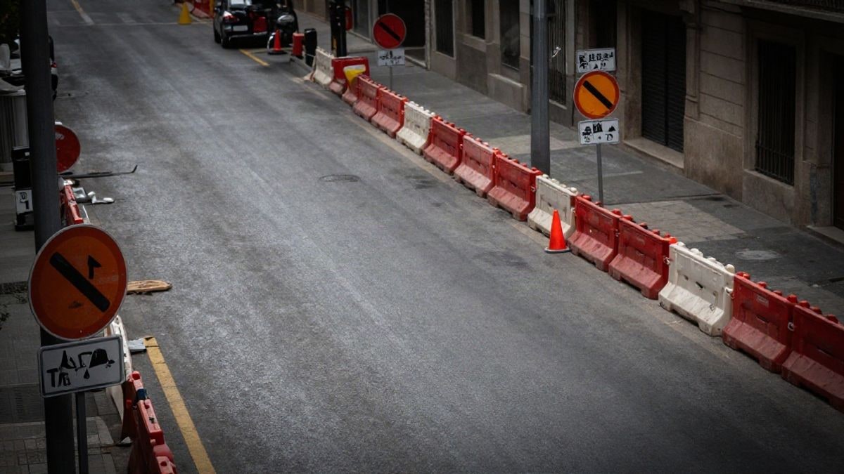 Illustrative image: aerial view of an urban street under construction with cones and temporary signage