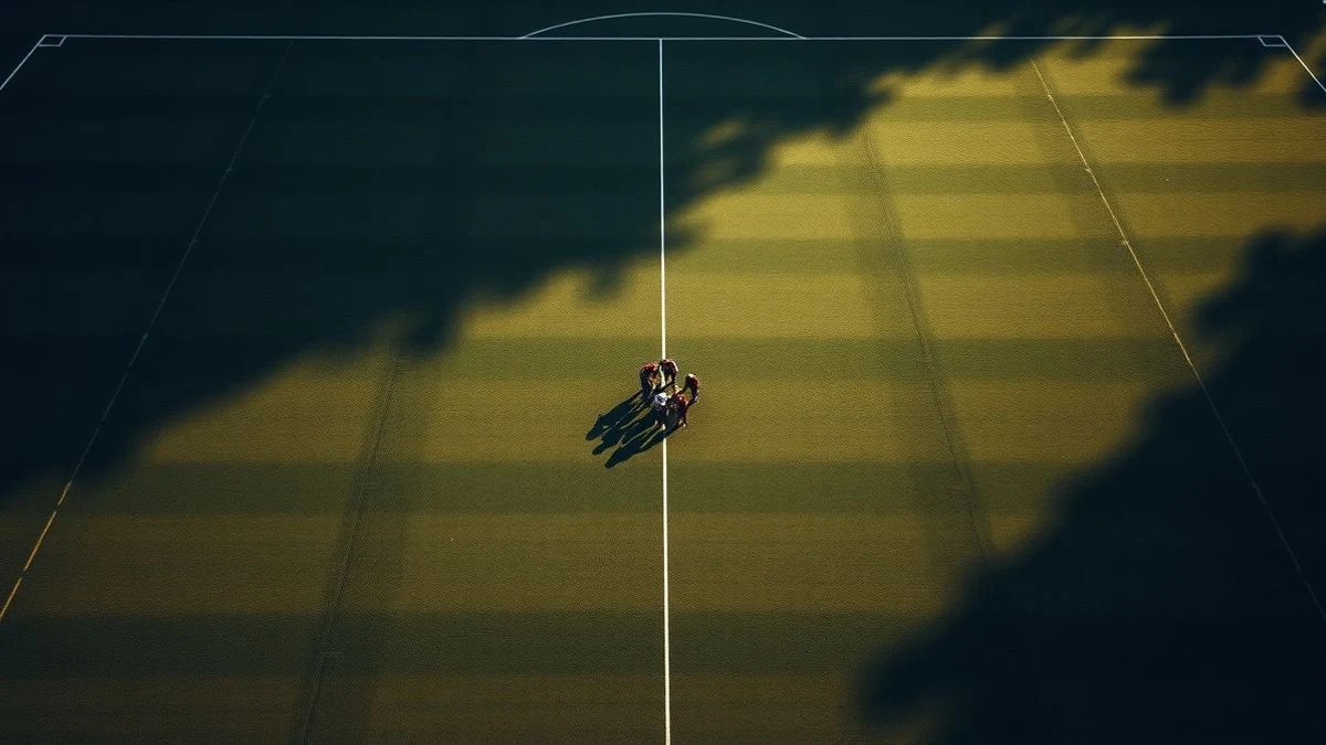 Aerial view of an American football field with players in a compact group