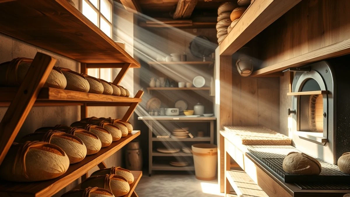 Imagen ilustrativa: interior de una panadería tradicional con estanterías de madera y panes redondos, luz cálida entrando por una ventana.