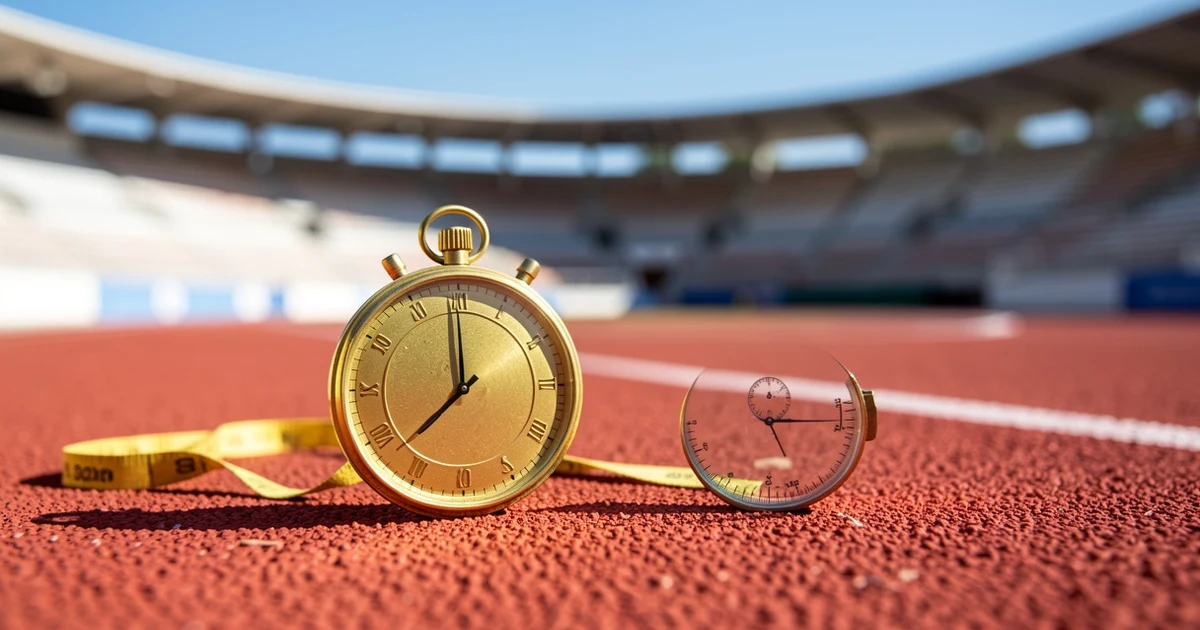 Medalla de oro y cronómetro sobre pista de atletismo vacía con estadio al fondo