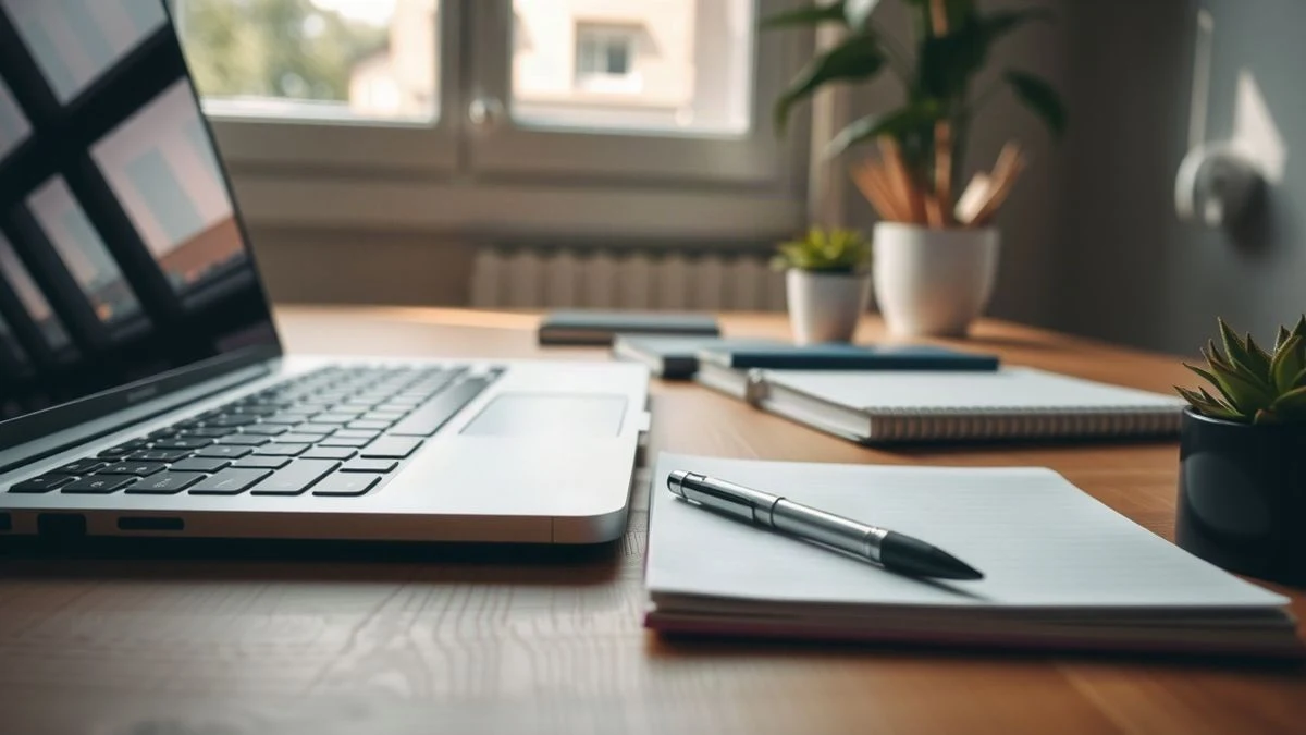 Illustrative image: a desk with a laptop, a notebook, and a pen, with soft natural light.