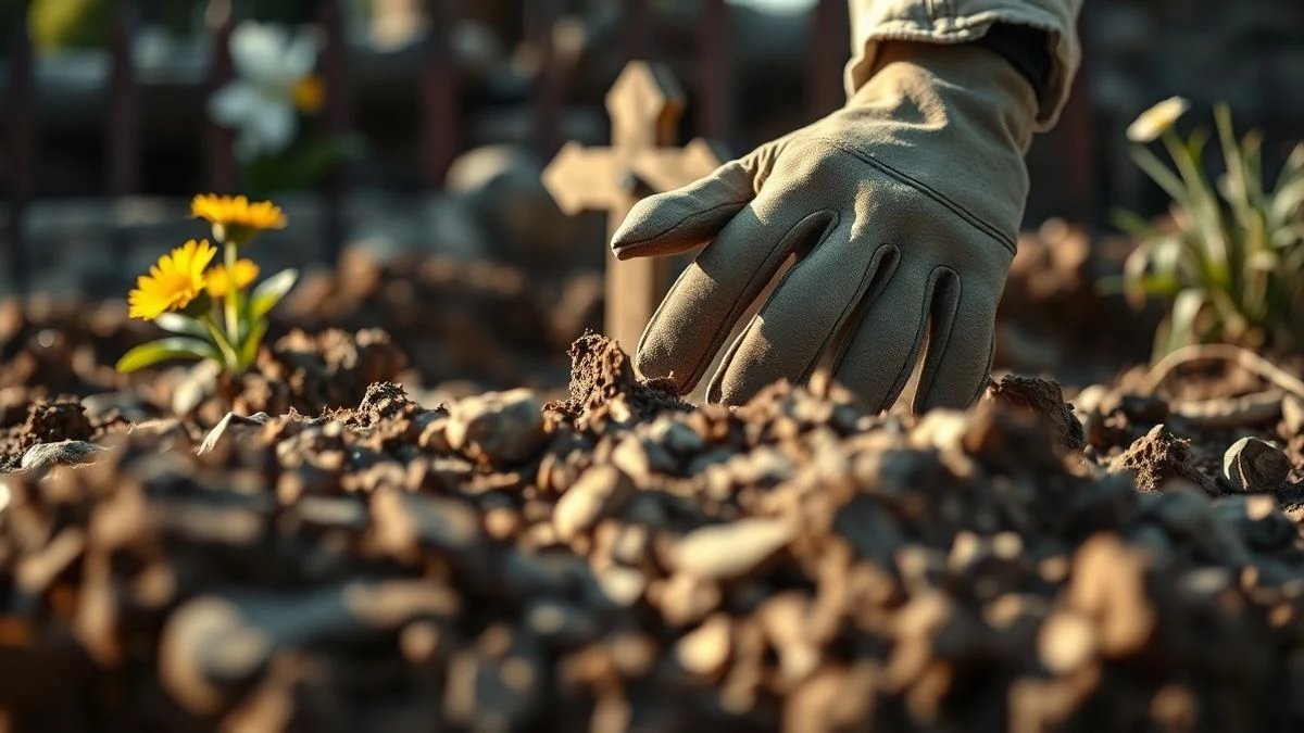 Imagen ilustrativa: guantes de trabajo de cuero sobre un montículo de tierra fresca en un cementerio, con flores y una cruz de madera al fondo.