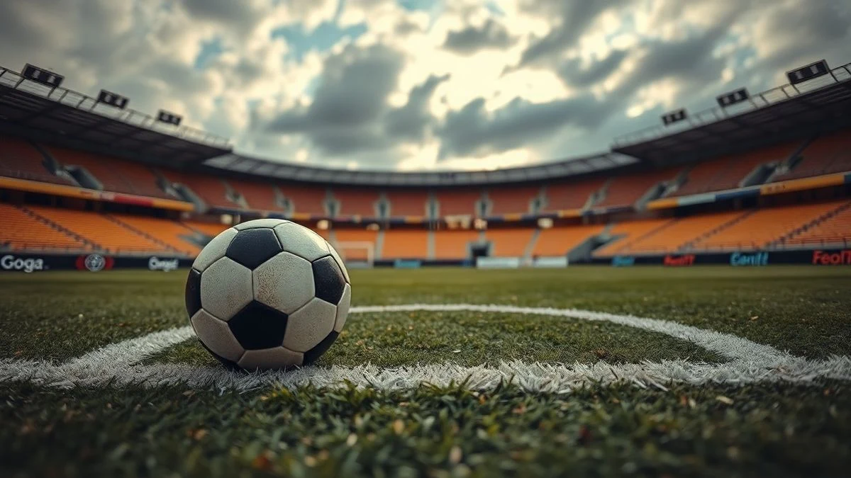 Imagen ilustrativa: balón de fútbol en el centro del campo de un estadio al atardecer