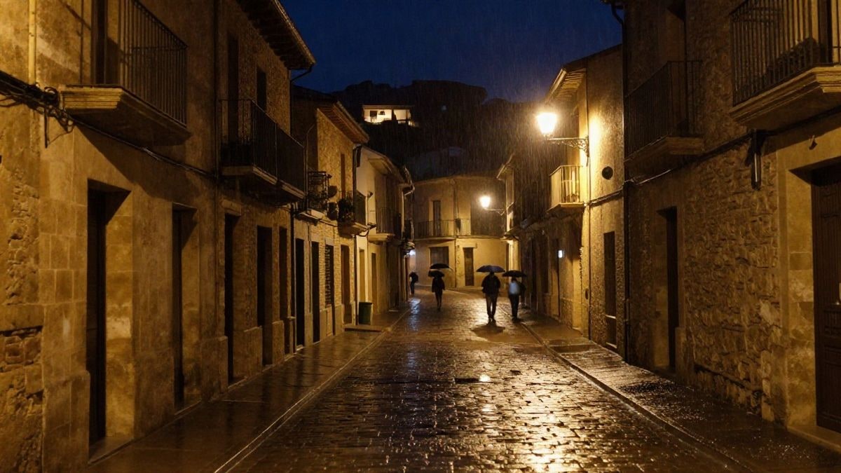 Imagen ilustrativa: calle de un pueblo español de noche con adoquines mojados y farolas encendidas tras la lluvia