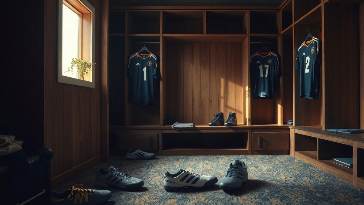Vestuario de fútbol con brazalete de capitán sobre un banco de madera y taquillas al fondo