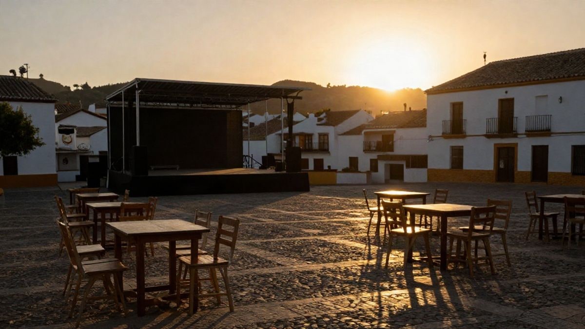 Imagen ilustrativa: plaza andaluza encalada al atardecer con mesas y un pequeño escenario preparados para un evento