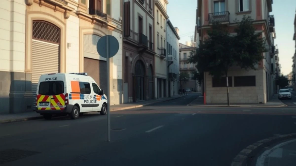 Imagen ilustrativa: una calle vacía al amanecer con un furgón policial aparcado y una persiana metálica bajada en un edificio