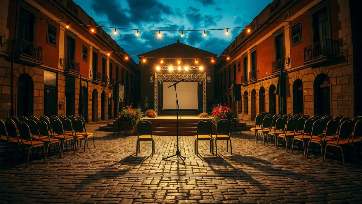 Empty Plaza de España at sunset with a stage and chairs prepared for the poetry festival.
