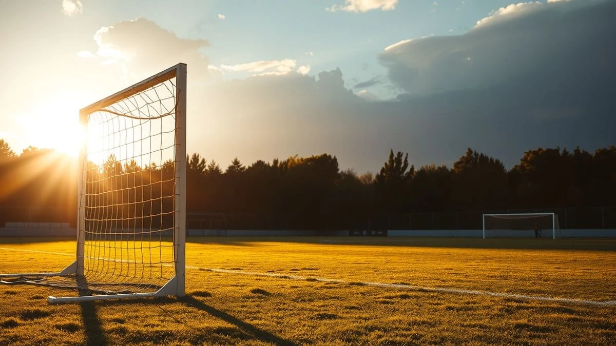 Illustrative image: an empty football goal at sunset, with the net silhouetted against the sun and long shadows on the grass.