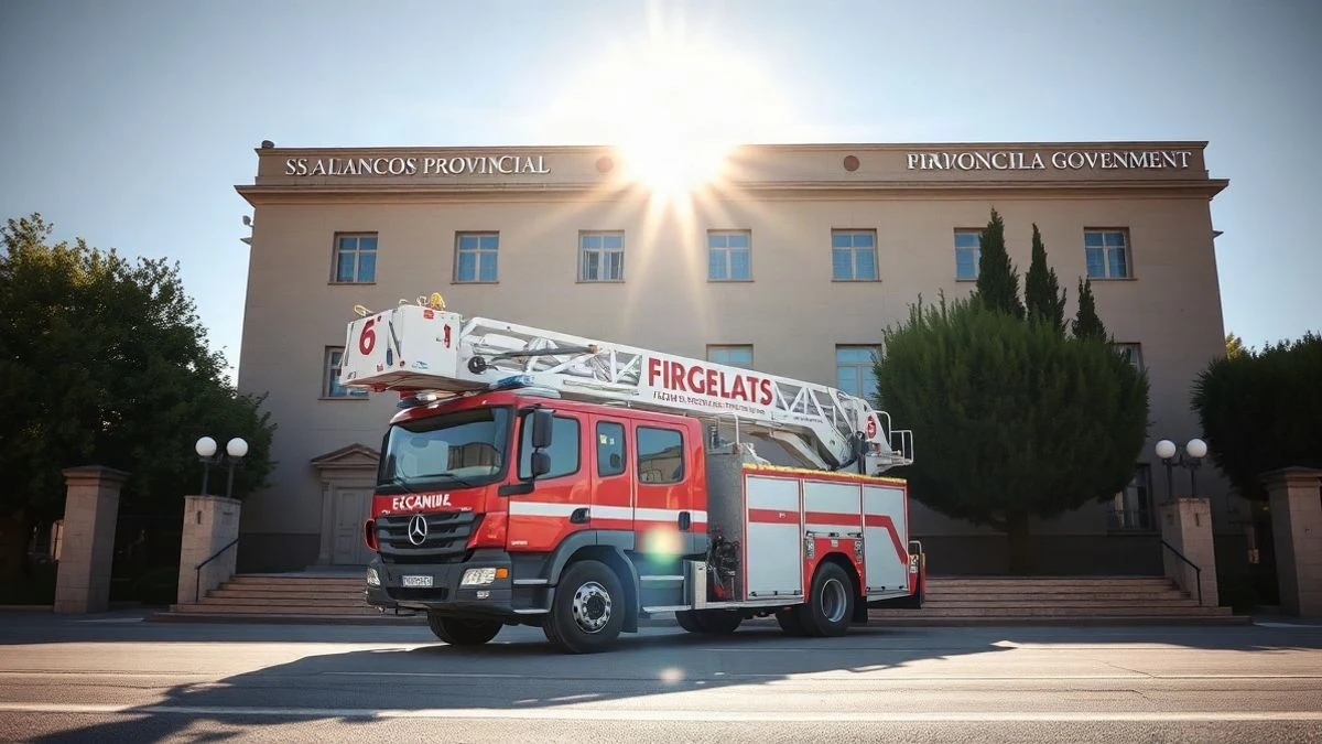 Imagen ilustrativa: un camión de bomberos con escala extendida frente a un edificio institucional genérico