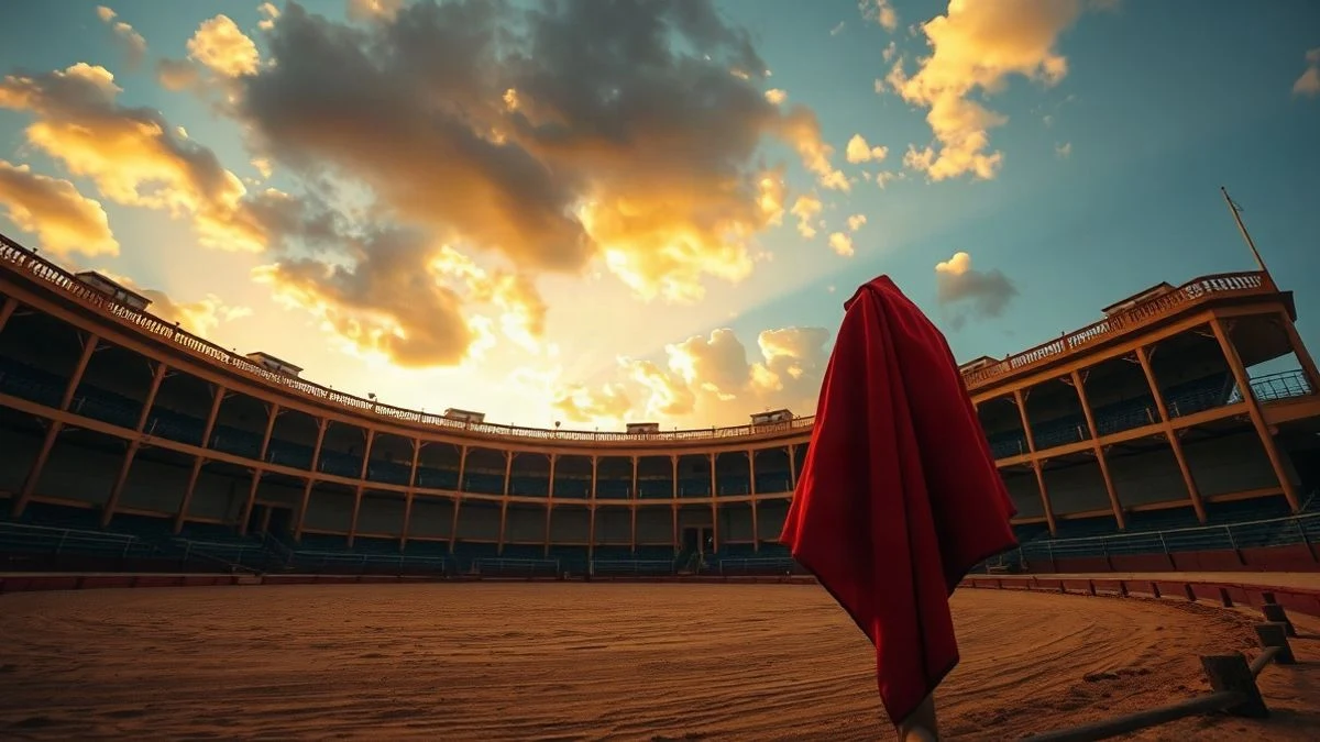 Imagen ilustrativa: ruedo de una plaza de toros al atardecer, con una capa roja sobre la barrera y sombras largas