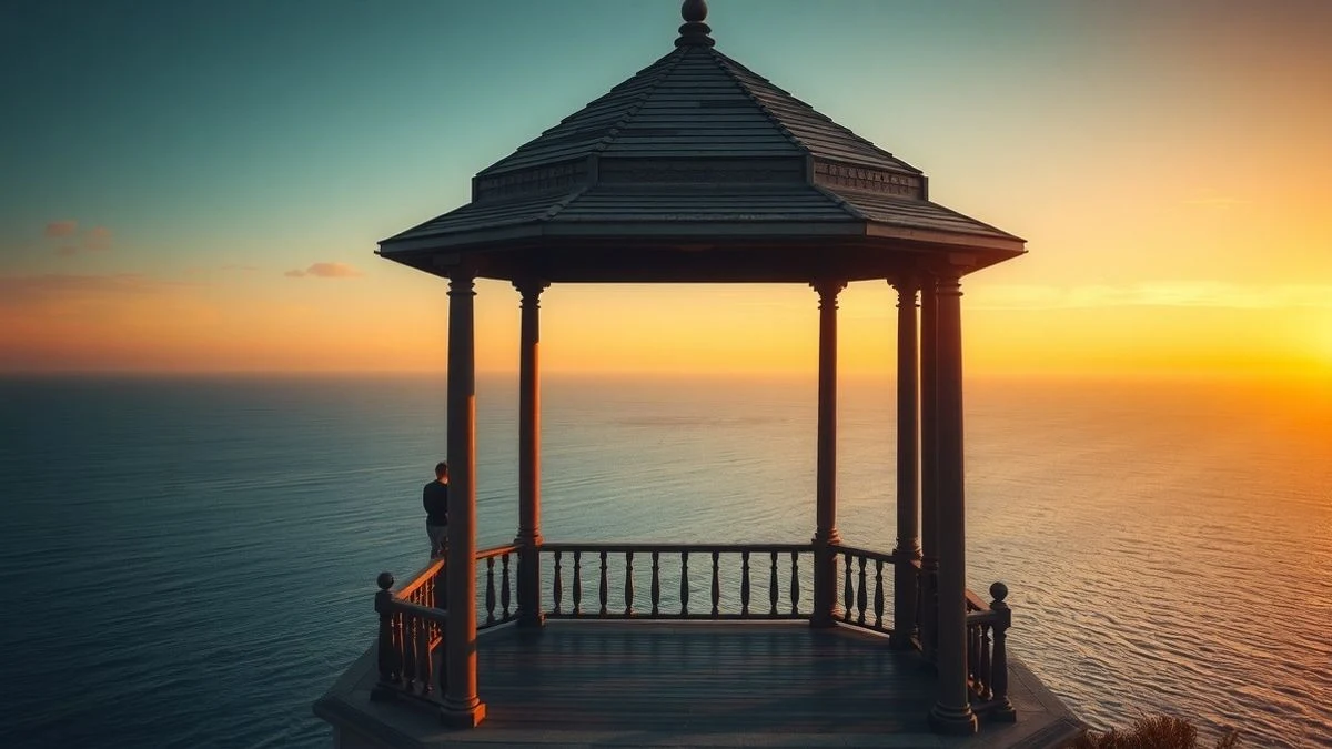 Dodecagonal wooden gazebo on a cliff over the Mediterranean Sea at sunset, with a solitary figure leaning on the railing.