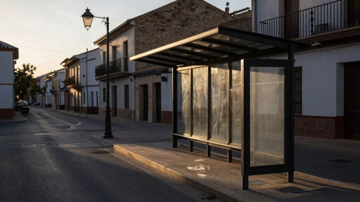 Illustrative image: empty bus stop on a street at sunset with long shadows