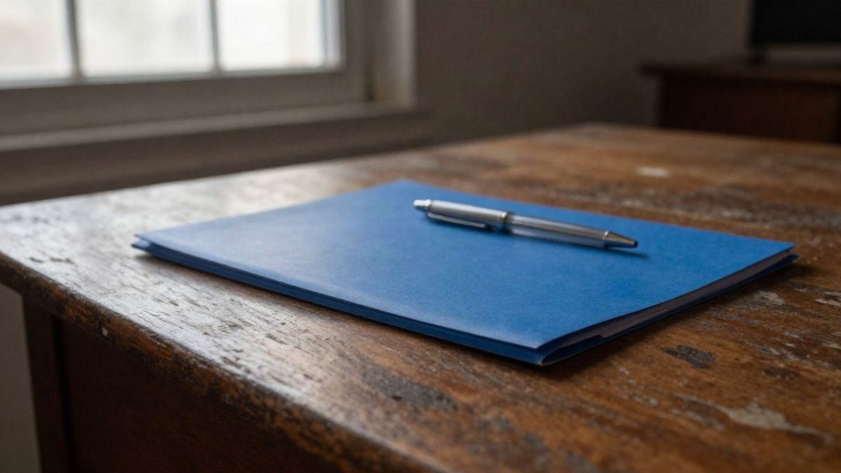 Illustrative image: wooden surface of a desk with a closed folder and a pen under natural light