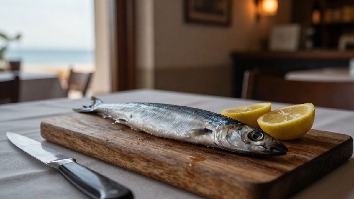 Illustrative image: a fresh anchovy on a wooden board with a chef's knife and lemon, on a table with a white tablecloth and side light