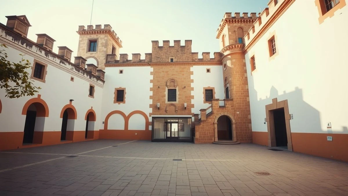 Patio del Castillo El Bil Bil restaurado, con la nueva oficina de turismo anexa, bajo la luz del atardecer.