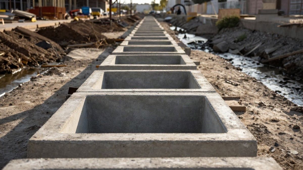 Imagen ilustrativa: tramo de cauce urbano con estructuras prefabricadas de hormigón en una obra