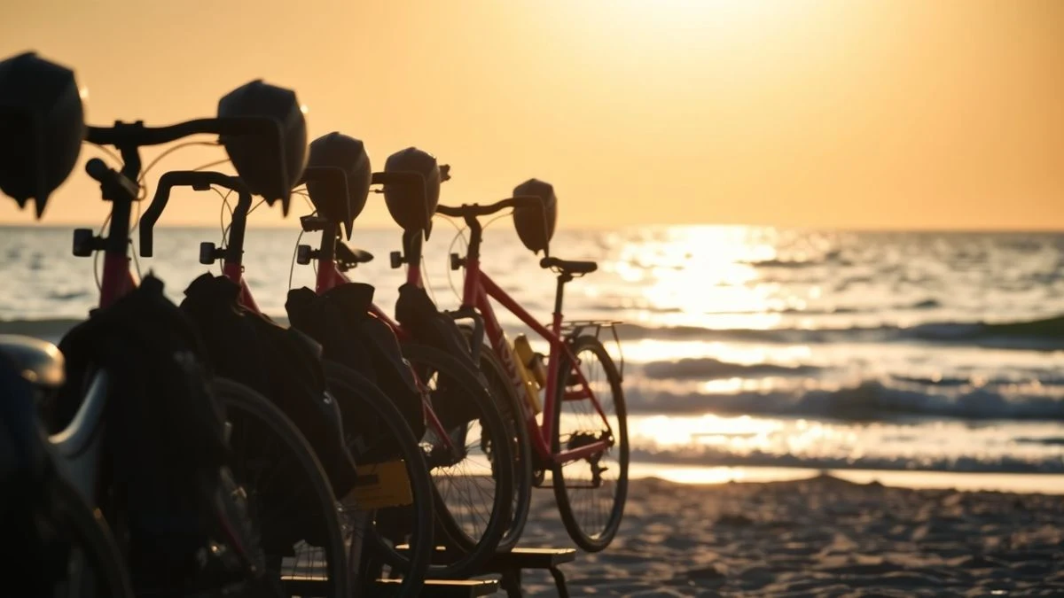 Illustrative image: triathlon transition area on a beach at dawn, with bicycles on racks and the sea in the background.