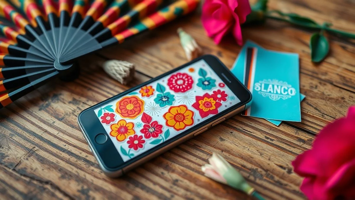 Imagen ilustrativa: un móvil con pegatinas festivas de colores rodeado de abanico y flores sobre una mesa de madera.