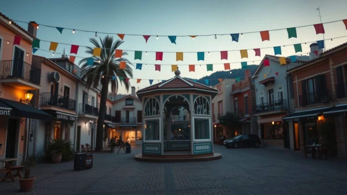 Imagen ilustrativa: un parque de barrio con un templete decorado con guirnaldas y luces al atardecer, con algunas familias sentadas en bancos