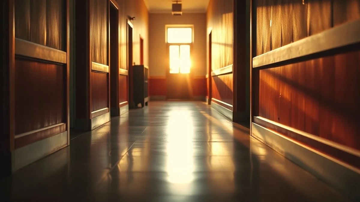Illustrative image: a corridor of a newly painted school, with sunset light coming through a window in the background.