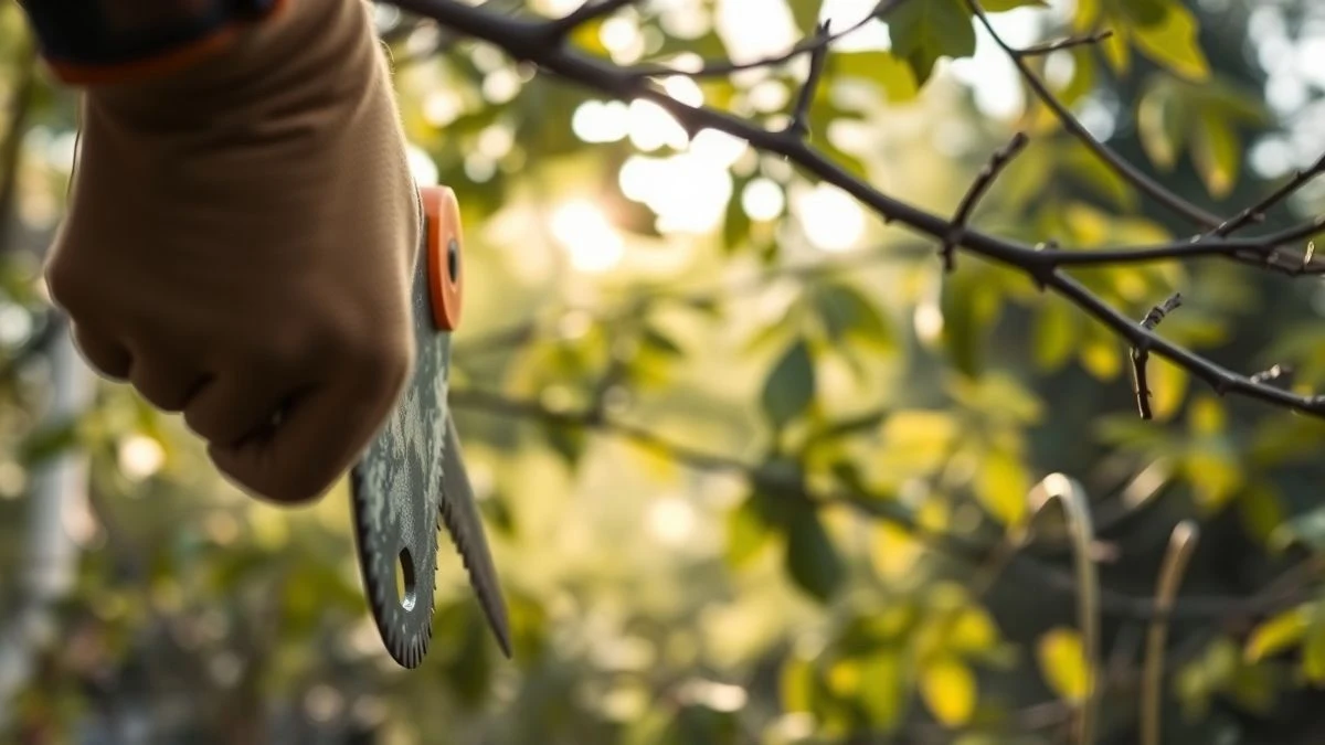 Illustrative image: gloved hand holding a pruning saw among green branches, with soft morning light.