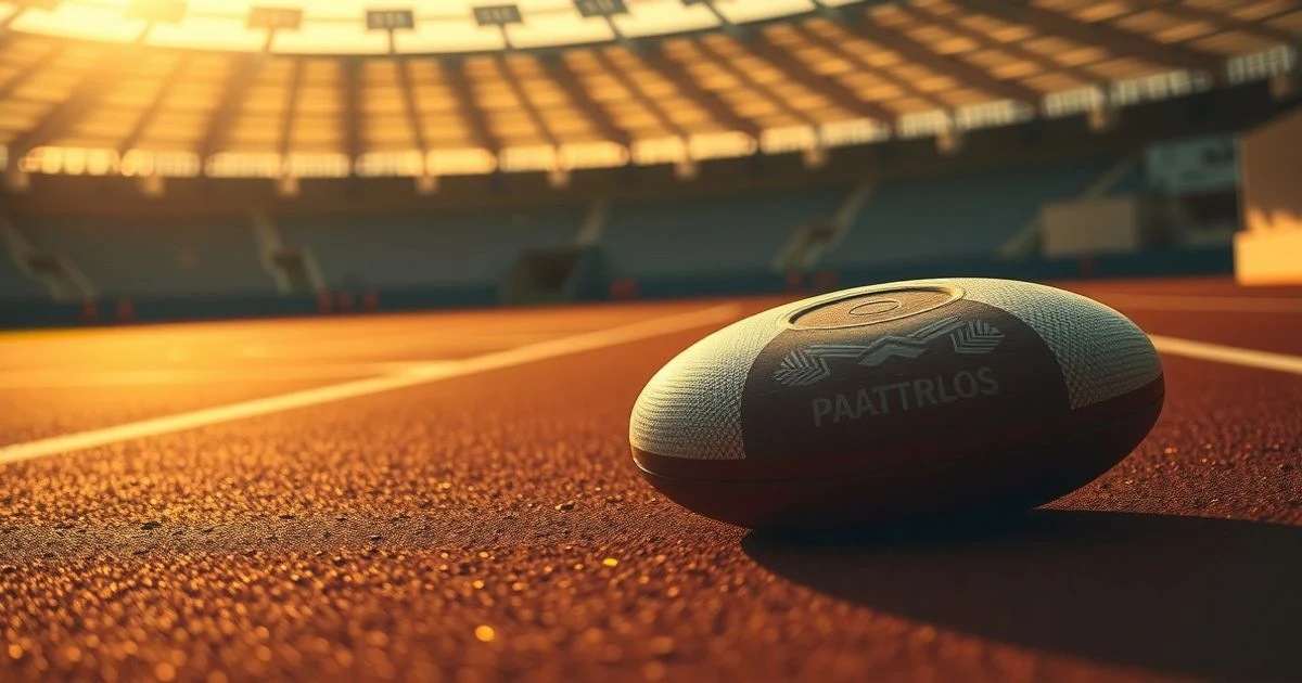 Disco de atletismo sobre pista roja al atardecer con estadio de fondo desenfocado