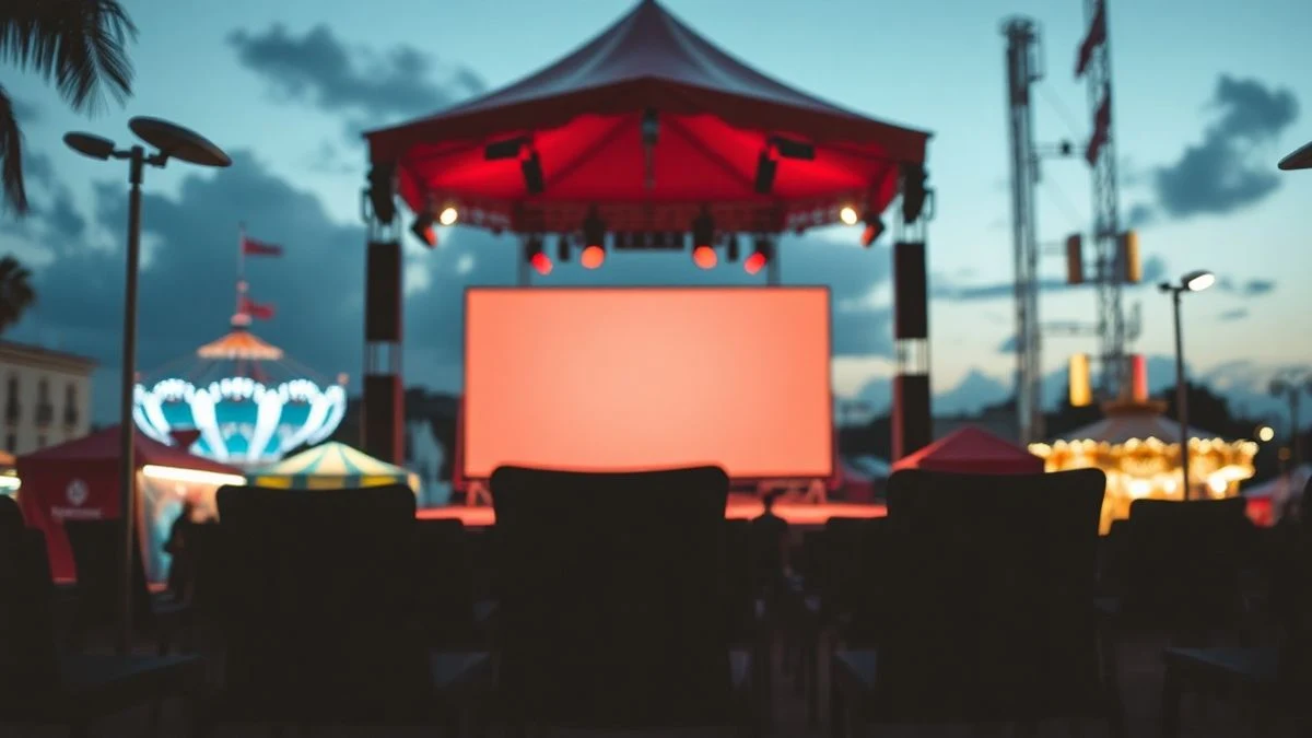 Escenario de la Feria de Los Boliches con una pantalla gigante instalada para la retransmisión del Mundial