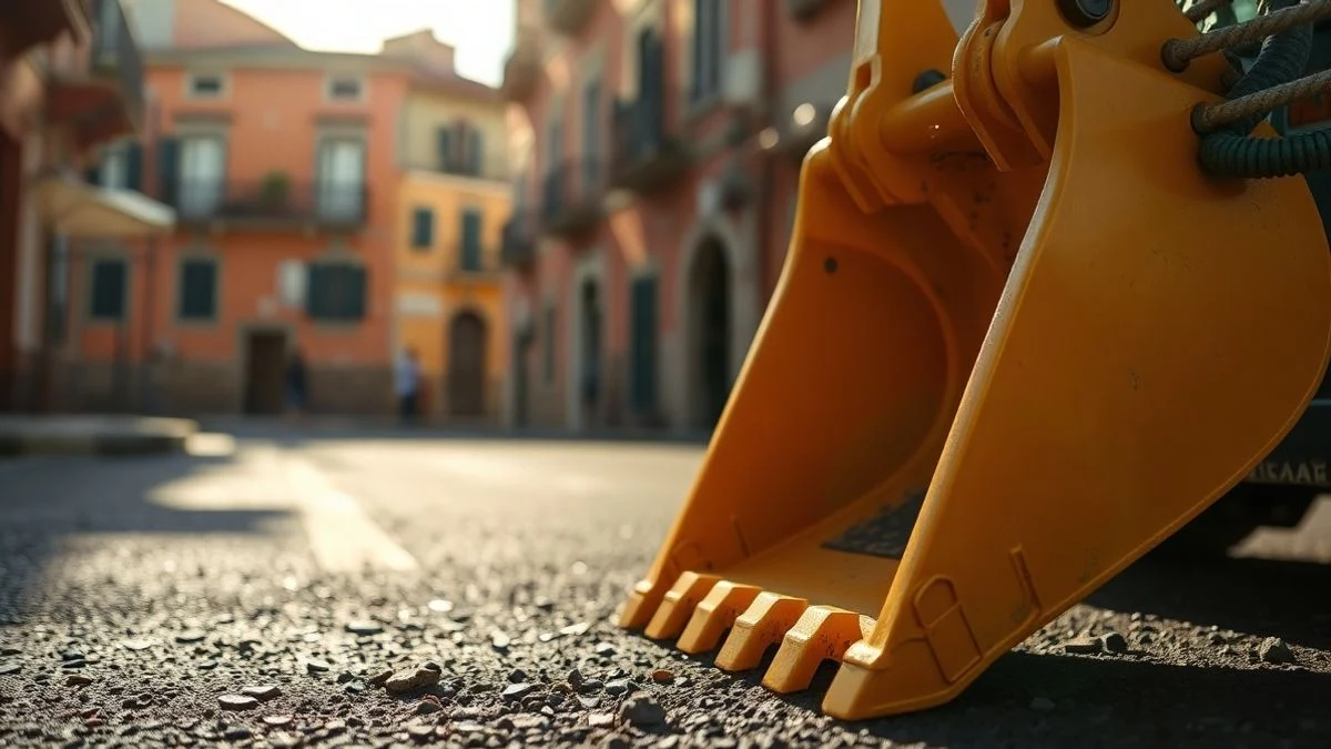 Illustrative image: excavator bucket on new asphalt in a narrow street with buildings in the background