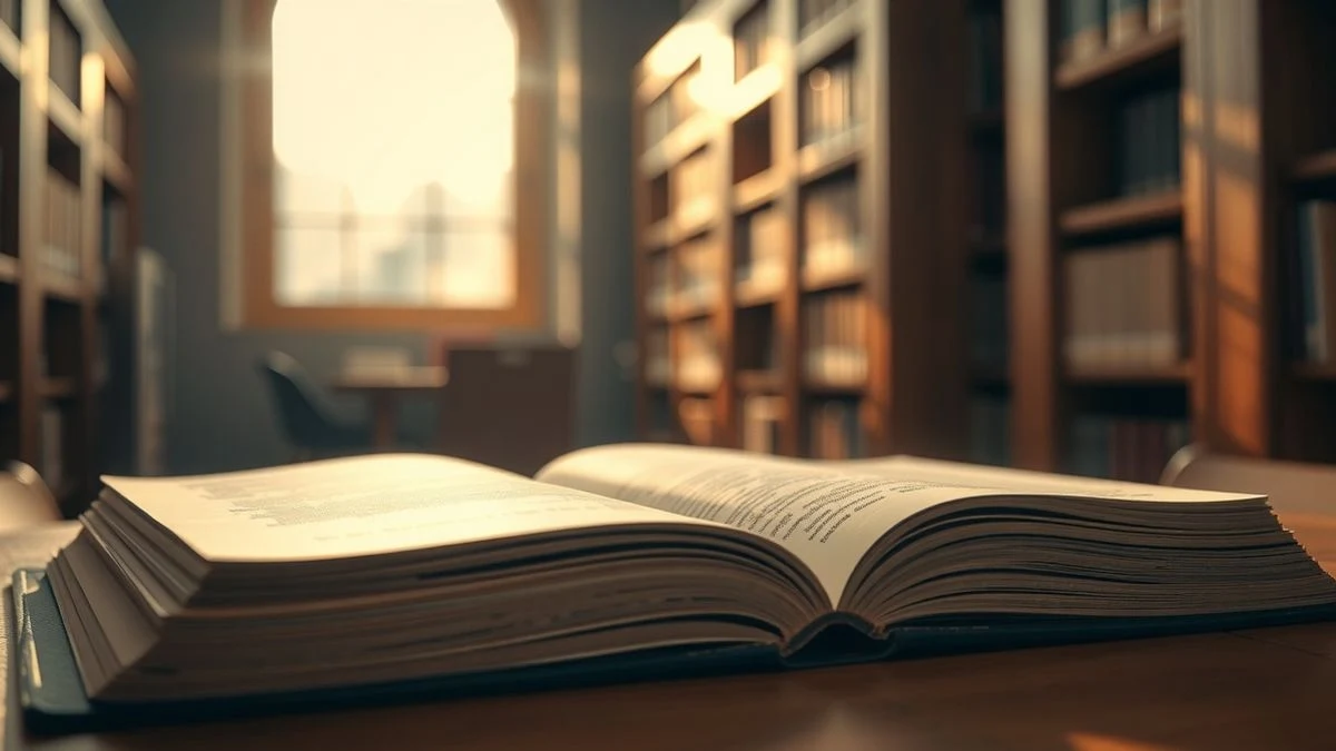 An open book on a table in a library, with natural light and blurred shelves in the background