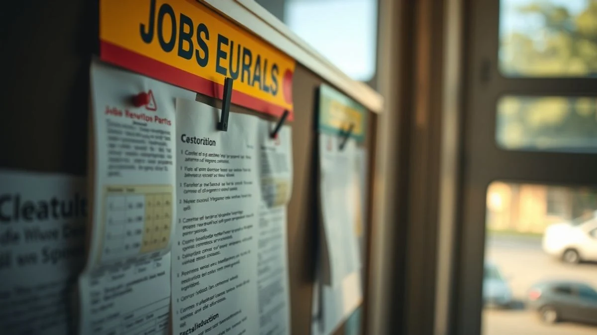 Tablón de anuncios con ofertas de empleo y formularios, iluminado por luz natural, enfoque selectivo en un papel con la palabra empleo.