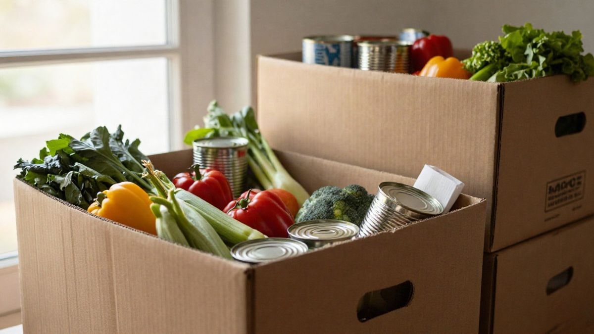 Illustrative image: stacked food boxes at a food bank, with fresh vegetables and canned goods visible.