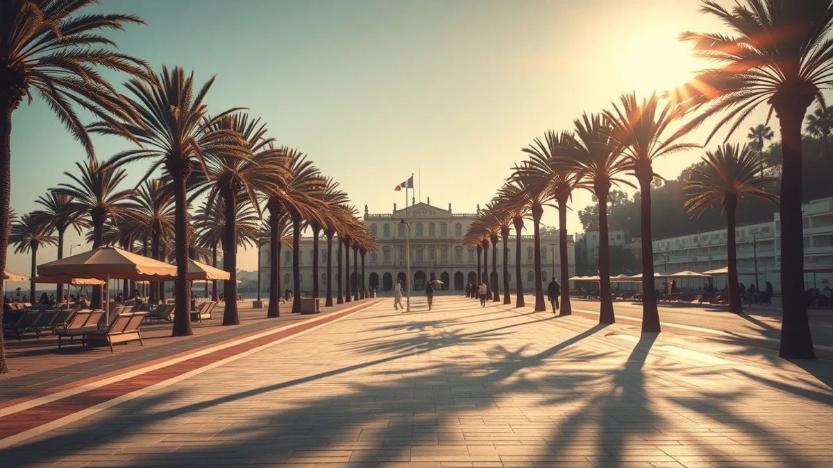 Illustrative image: Mediterranean promenade at sunset with palm trees and umbrellas