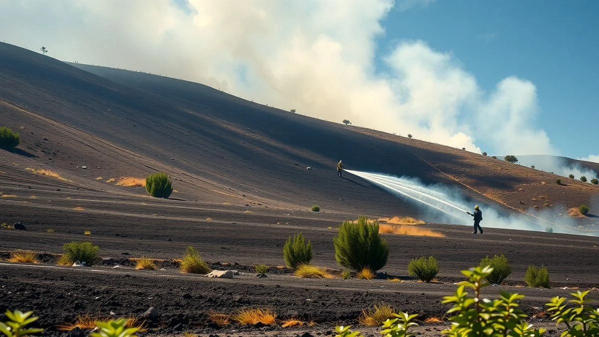 Paisaje de colina quemada con humo y un bombero forestal en la lejanía