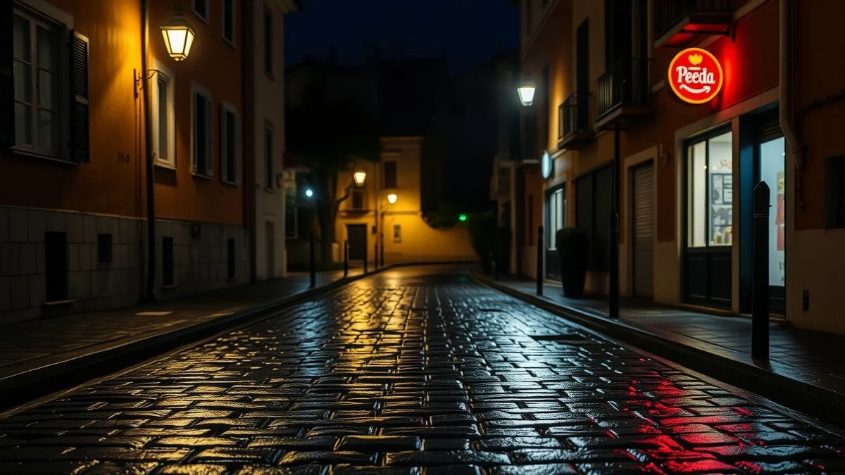 Imagen ilustrativa: calle de un pueblo con charcos y reflejos de luz nocturna tras una inundación.