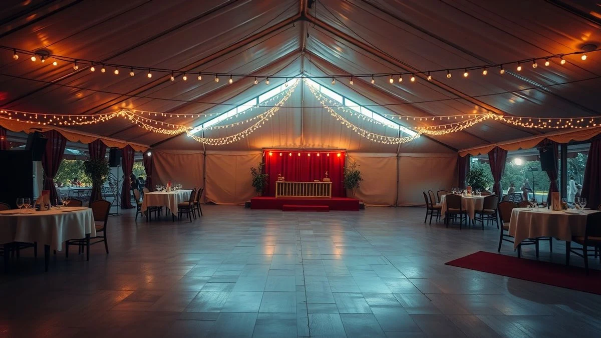 Illustrative image: empty dance floor in a fair booth with tables and lights