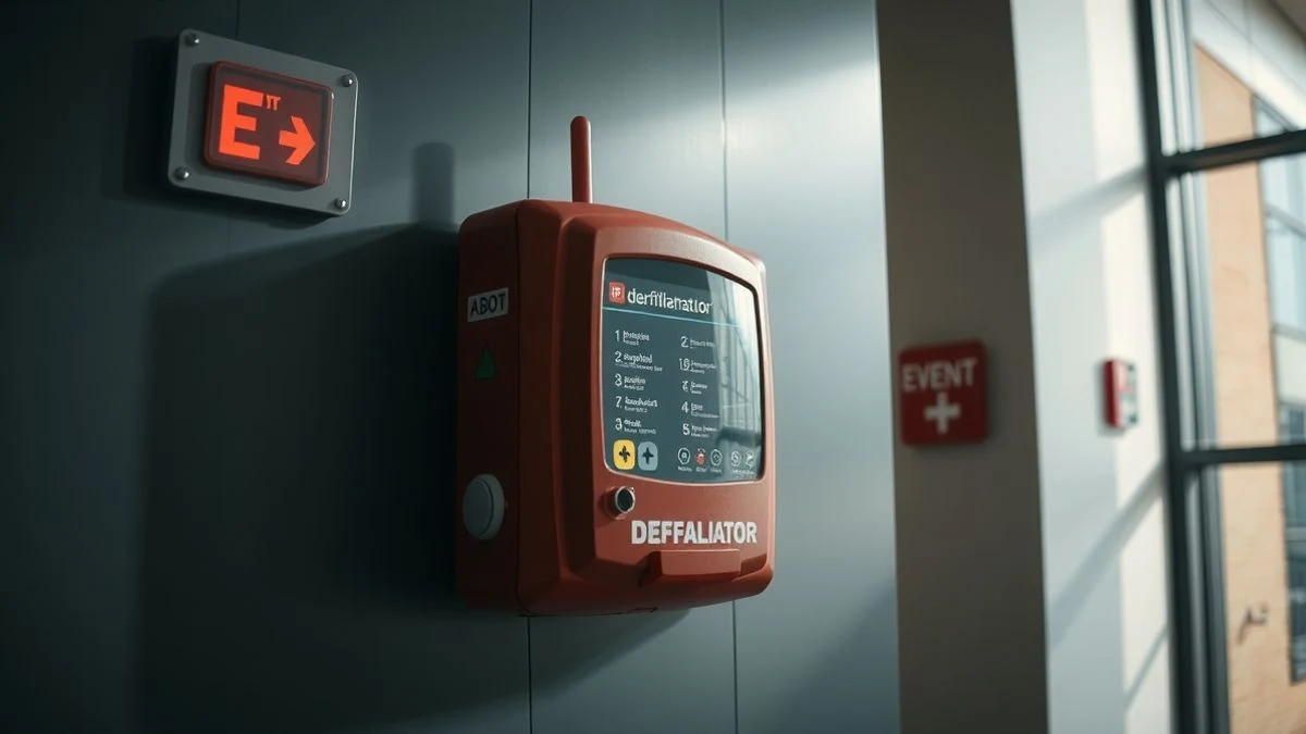 Semi-automatic external defibrillator mounted on the wall of a public building