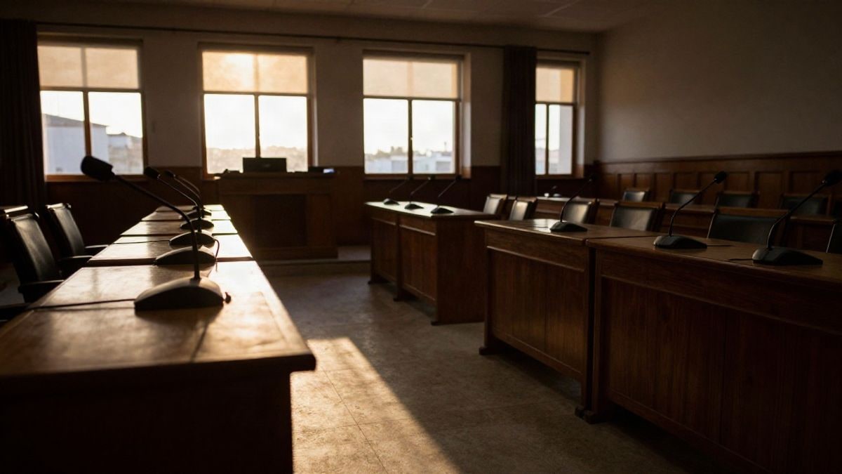 Illustrative image: empty municipal plenary hall with sunset light and long shadows