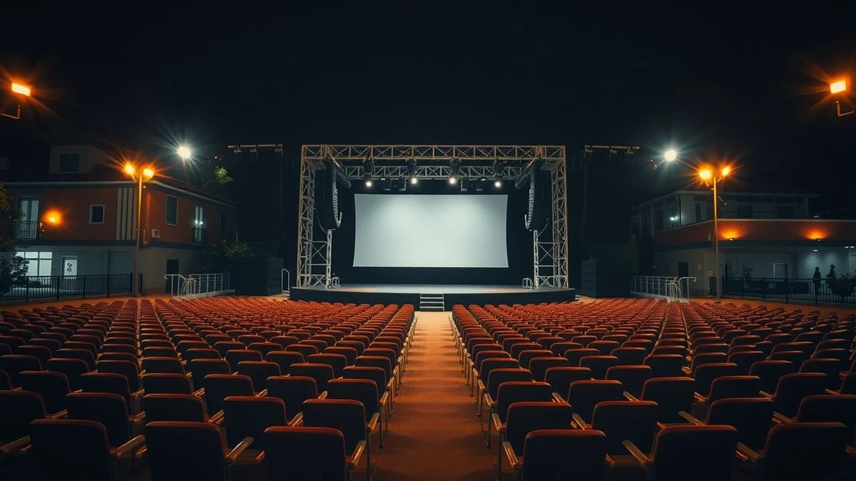 Outdoor auditorium at night with a giant LED screen on stage and empty chairs