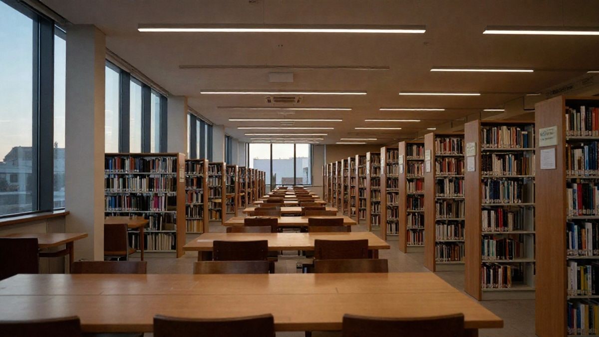 Imagen ilustrativa: interior de una biblioteca moderna con estanterías y mesas de lectura vacías bajo luz cálida
