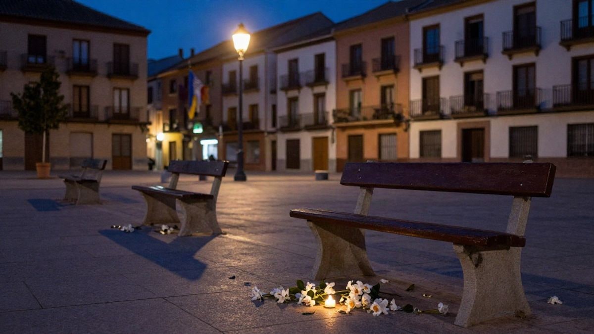 Illustrative image: urban square at night with streetlights on and flowers laid on the ground