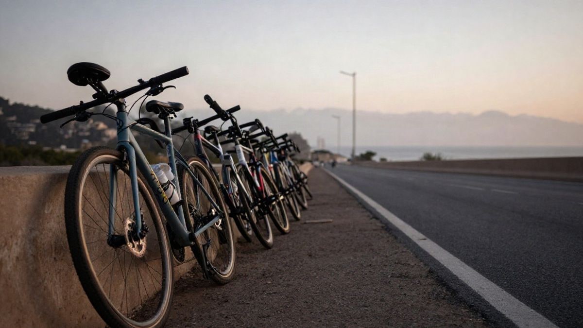 Imagen ilustrativa: bicicletas de carretera apoyadas en un muro junto a una carretera costera al amanecer