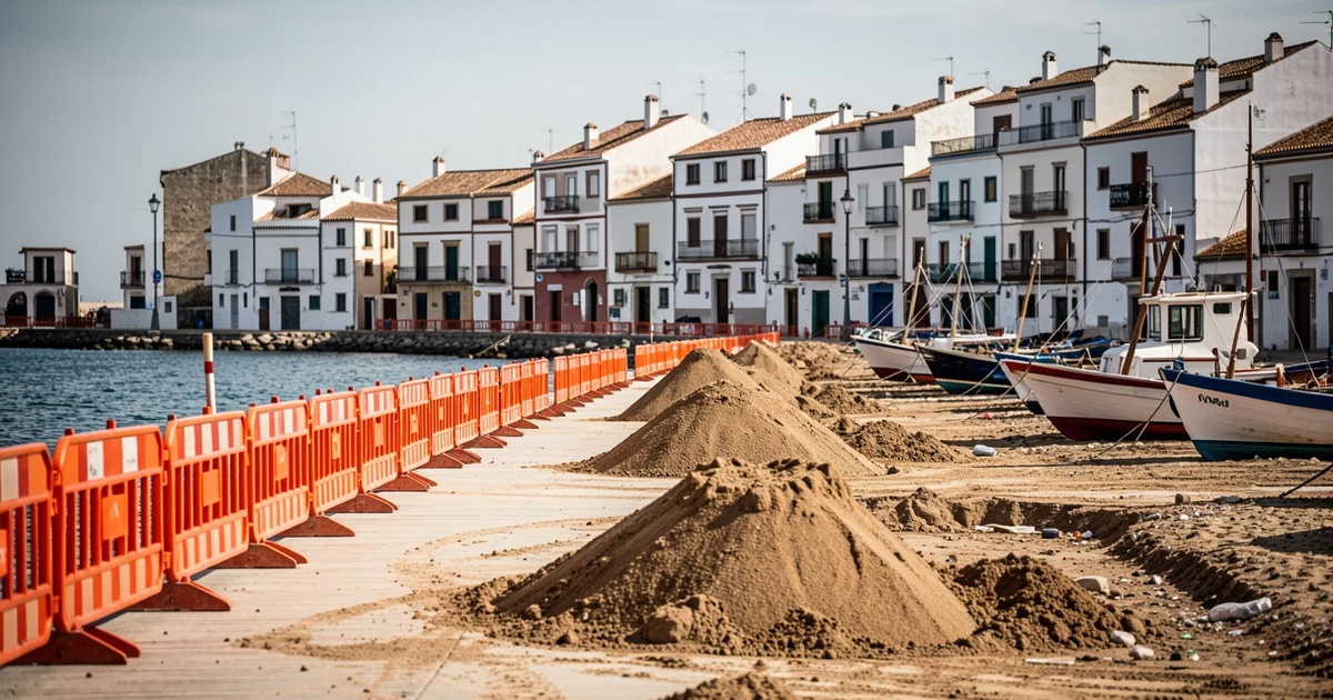 Promenade under construction with barriers and fishing boats in the background