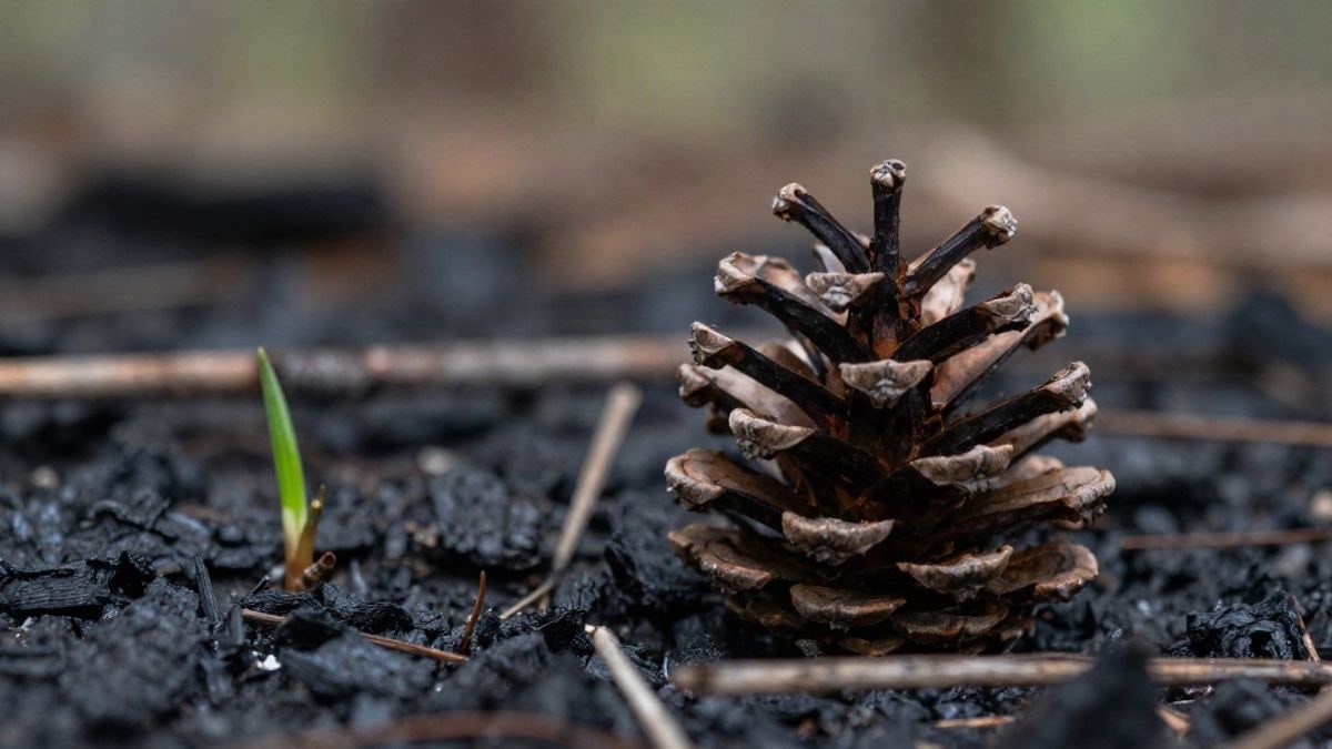 Illustrative image: close-up of a burnt pine cone on the forest floor with green shoots