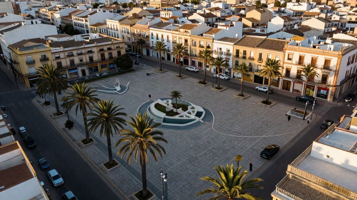 Imagen ilustrativa: vista aérea de una plaza urbana renovada con palmeras y calles adyacentes.