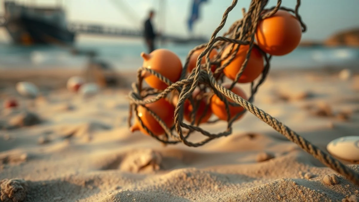 Primer plano de una red de pesca tradicional (jábega) con cuerdas y corchos sobre la arena de la playa al amanecer, con el mar de fondo desenfocado.
