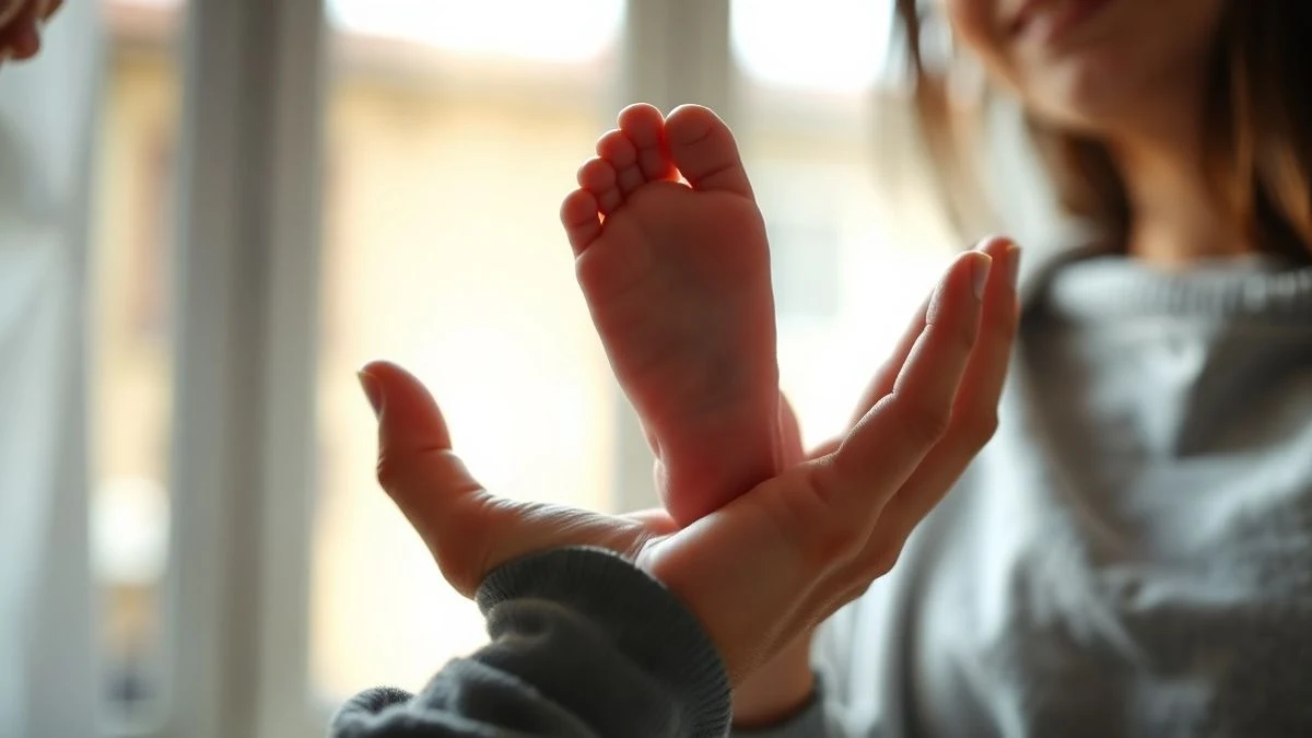 Illustrative image: adult hands holding a baby's foot in a bright interior