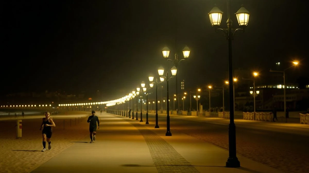 Imagen ilustrativa: paseo marítimo iluminado al anochecer con corredores de fondo en la arena