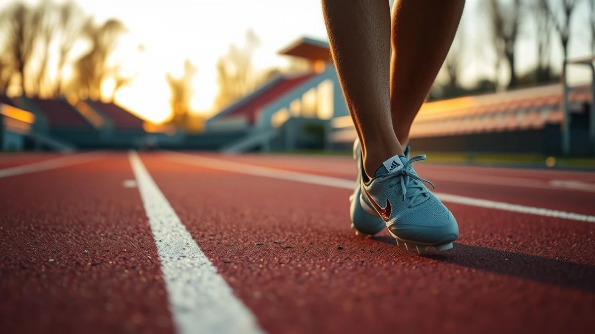 Zapatillas de atletismo sobre pista roja con bloques de salida al fondo
