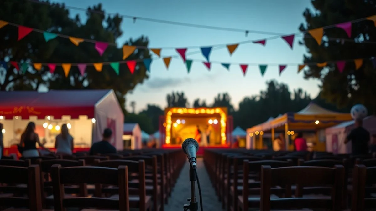 Imagen ilustrativa: escenario al aire libre en un recinto ferial al atardecer, con sillas vacías y luces decorativas.